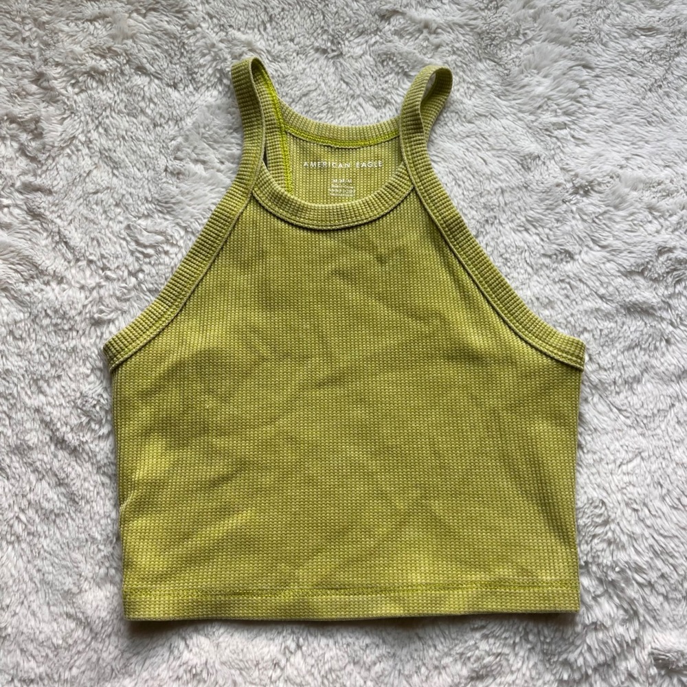 American Eagle Women Medium Lime Green Waffle Knit High Neck Racerback Crop Top